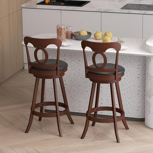 COSTWAY Bar Stools Set of 2, 30 Inch Swivel Bar Height Chairs with Ergonomic Back & Footrest, Vintage Wooden Barstool Set for Kitchen Island, Pub, Bistro, Café, Espresso (2, 30 Inch)