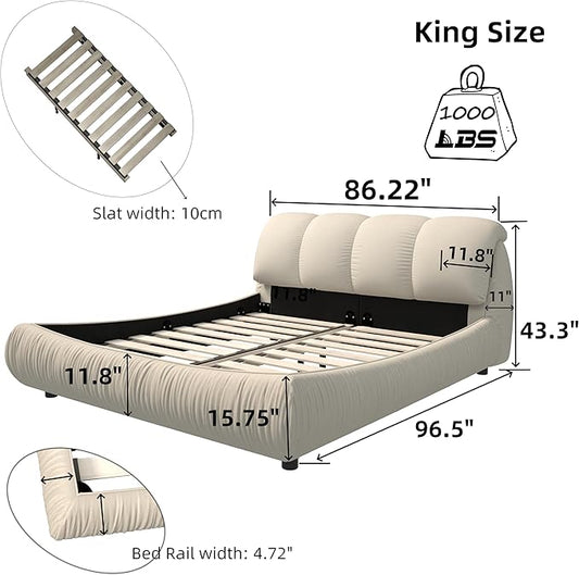King Size Upholstered Platform Bed with Oversized Padded Backrest and Solid Wood Frame for Bedroom, Apartment Room, Beige