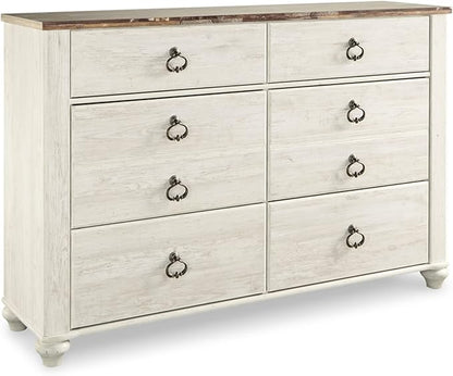 Signature Design by Ashley Willowton Coastal Cottage 6 Drawer Dresser with Faux Plank Top, Whitewash