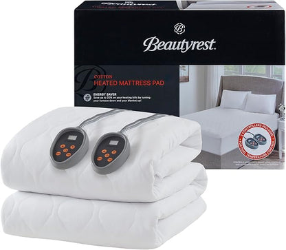 Beautyrest Cotton Heated Mattress Pad - Bed Warmer with 20 Heat Settings Controller, Auto Shut Off Timer, All Around Elastic Deep Pocket, UL Certified, Machine Washable, White Queen