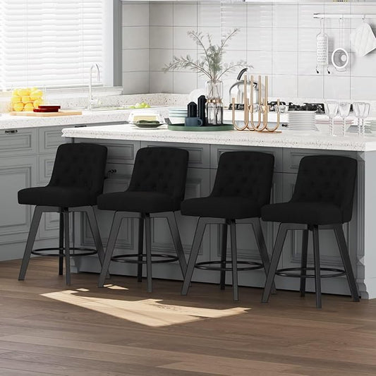 MINCETA Bar Stools Set of 4, 26 Inch Upholstered Barstools with Low Tufted Back and Footrest, Swivel Counter Height Barstools for Kitchen Island Home Bar Performance Fabric Black