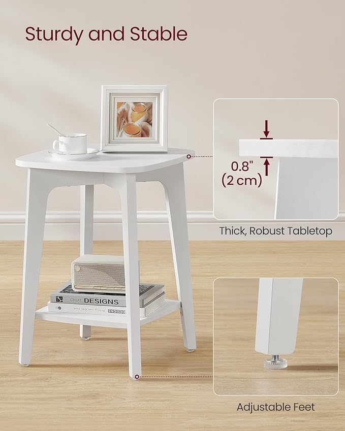 VASAGLE MAEZO Collection - Side Table, 2-Tier Small Square End Table, Nightstand with Tapered Legs, Curved Transitions, for Small Spaces, Living Room, Bedroom, Cloud White ULET236W01