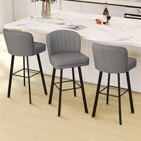 Swivel Counter Height Bar Stools Set of 3, 30'' Modern Barstools with Backs and Metal Legs, Upholstered Bar Chairs,Mid-Gray,Fabric Stools for Kitchen Island Chairs