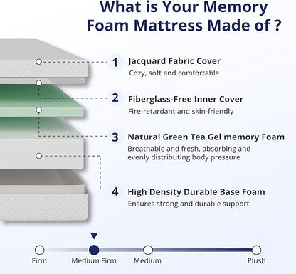 Twin XL Mattress 5 Inch Green Tea Memory Foam Mattress for Cool Sleep & Pressure Relief, Medium Feel Support,Fiberglass Free, Bed in a Box, Removable Washable Cover, CertiPUR-US Certified