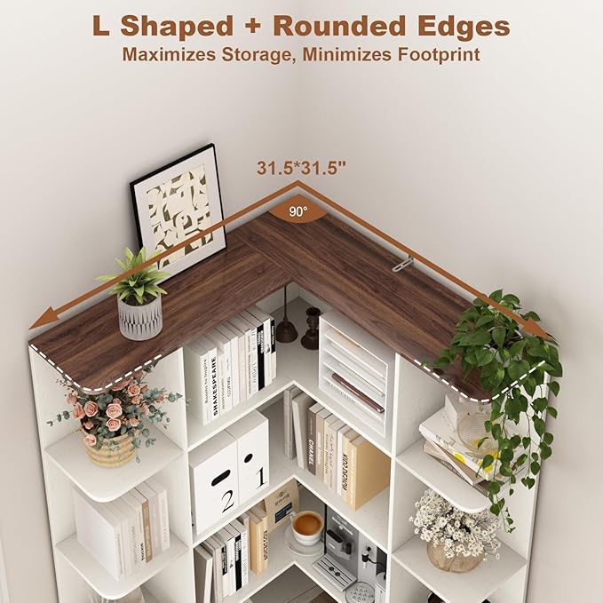 74" Tall Corner Bookshelf with 2 Arched Doors, 6-Tire L Shaped Bookcase with 16 Open Storage Shelves, Rustic Large Corner Shelf with Cabinet for Living Room, Home Office
