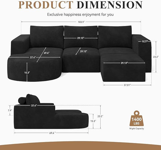 Boneless Couches for Living Room 104",Modular Sectional Sofa with Ottoman,Cloud Couch in a Box,Sponge Compression U Shaped Sofas with Chaise No Assembly Required(Black-Corduroy Fabric) 1pcs