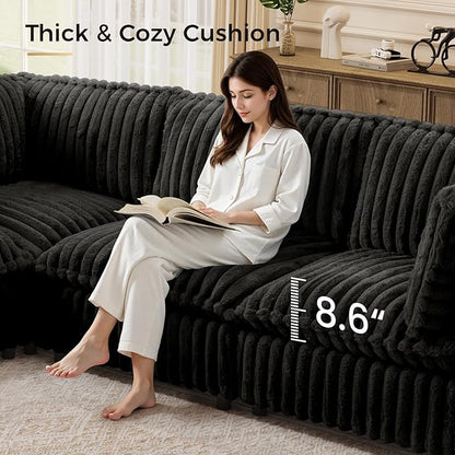 KKL Modular Sectional Couch for Living Room, U Shaped Corduroy Couches with 2 Ottomans, 6 Seater Oversized Sofa Convertible to Sleeper, Soft Fabric Modern Sofa, Black