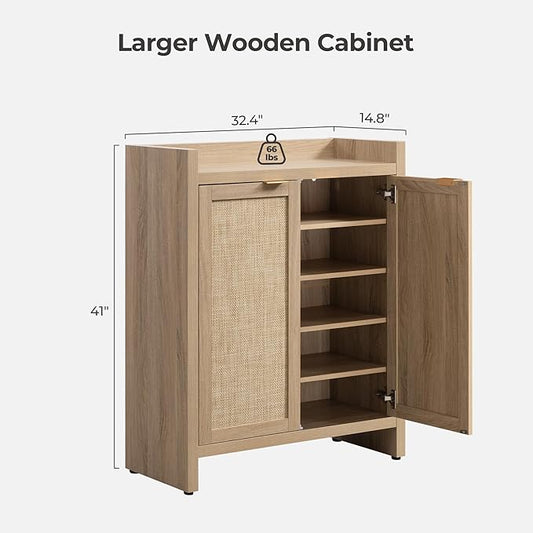 SICOTAS Shoe Cabinet Set of 2, Large Capacity Shoe Storage Organizer Cabinet, Tall Rattan Shoe Cabinet with Doors and Shelves, 6-Tier Farmhouse Boho Wooden Storage Cabinet for Entryway, Light Oak
