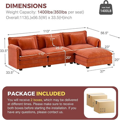 ELUCHANG Oversized 113" Modular Sectional Sofa, Comfy Cloud Couch, L Shaped Deep Seat Sofa Couches for Living Room, 4-Seater Modern Sofa with Movable Ottoman, DIY Combination - Chenille Terracotta