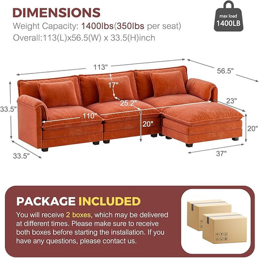 ELUCHANG Oversized 113" Modular Sectional Sofa, Comfy Cloud Couch, L Shaped Deep Seat Sofa Couches for Living Room, 4-Seater Modern Sofa with Movable Ottoman, DIY Combination - Chenille Terracotta