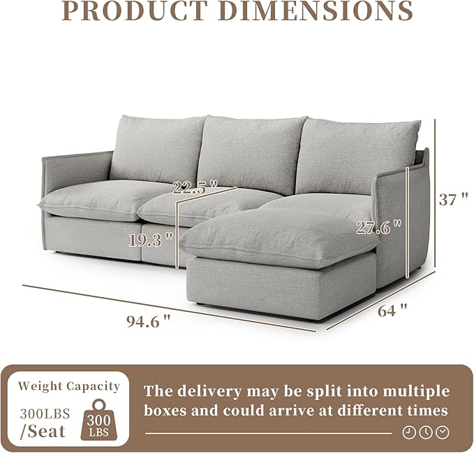 Waterproof Cloud Sectional Couches,High Backrest Down Filled Sofa for Living Room,94.5" Modular Sofas L-Shaped with Ottoman,Detachable Couch Covers,Light Grey