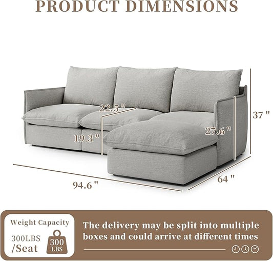 Waterproof Cloud Sectional Couches,High Backrest Down Filled Sofa for Living Room,94.5" Modular Sofas L-Shaped with Ottoman,Detachable Couch Covers,Light Grey