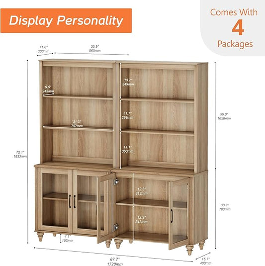 WAMPAT 5 Tier Bookshelf 72" Tall Bookcase with Glass Doors,Large Farmhouse Display Book Shelf with Adjustable Shelves and Storage Cabinet，Library Wood Bookshelves for Living Room,Kitchen, Oak(2PCS)