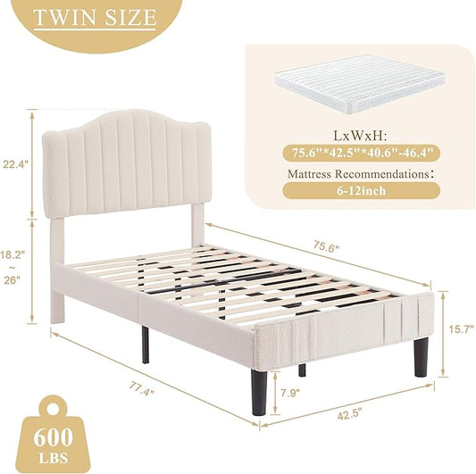 VECELO Twin Bed Frame Upholstered Platform Bed Frame with Height Adjustable Teddy Fabric Headboard, Strong Wood Slats Supports 7.9'' Under Bed Space Noise Free No Box Spring Needed, Beige