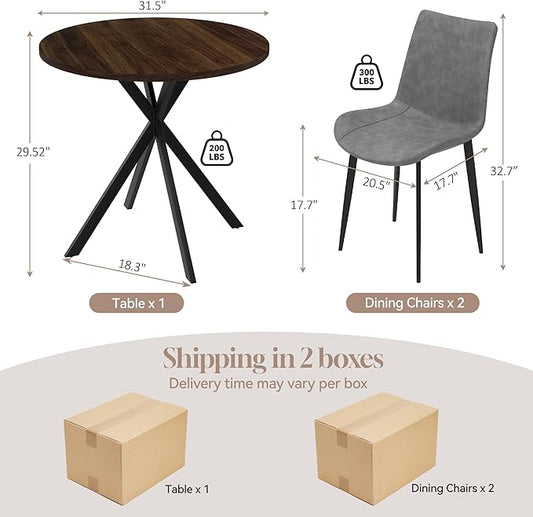 31.5" Round Dining Table and Chairs Set for 2, Small Dining Table Chairs Set Space-Saving, Small Dinette Sets for 2 for Kitchen Dining Room Apartment(Walnut Table + Gray Chairs)