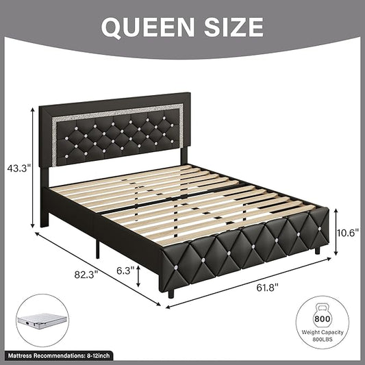 BarnFurin Queen Bed Frame with Headboard, Faux Leather Upholstered Bed with Button Tufted Headboard, Modern Platform Bed Frame with Diamond Design, No Box Spring Required, Easy Assembly, Black