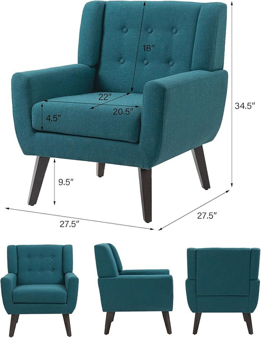 Accent Chair, Mid-Century Modern Fabric Chairs with Arms for Living Room, Comfy Upholstered Club Single Sofa Armchair for Bedroom Waiting Room with Solid Wood Frame (Fabric Turquoise, Set of 2)