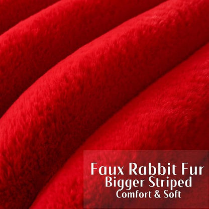 FUTEI Christmas Red Decorative Throw Pillow Covers 16x16 Inch Set of 2, Square Soft Faux Rabbit Fur Thick Striped Cushion Cover,Winter Home Decor for Couch Bed Living Room