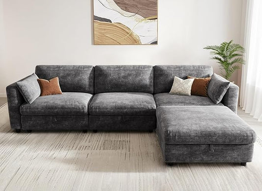 KKL Modular Sectional Oversize Sofa with Adjustable Backrest, 113" L Shaped Couches for Living Room, Down Filled Sectional Sofa Couch with Storage Ottoman Chenille, Grey