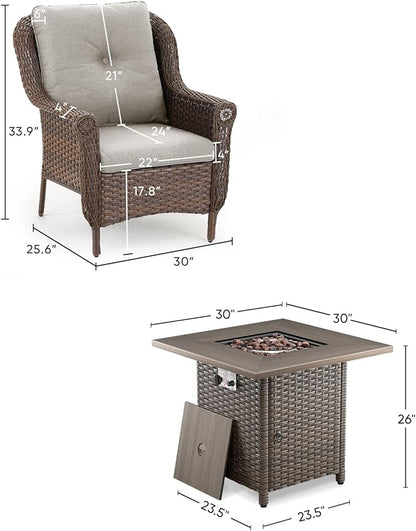 Outdoor Patio Chairs with Fire Pit Table 5 Piece Set - High Back Brown Wicker Rattan Lawn Chair with Thick Cushion for Porch Apartment Deck Yard Poolside Garden - Beige