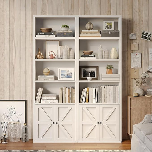 MXV 6-Tier Bookshelf and Bookcase Set of 2, Wooden Bookshelves with Cabinet Doors, Floor Bookshelves and Office Storage Cabinets for Home Office, Living Room (White 2 Pack, 6-Tier)