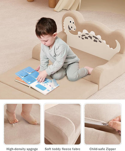 YACODAVO 2-in-1 Kids Couch Fold Out, Convertible Toddler Couch to Lounger, Toddler Chair Comfy, Kids Sofa for Girls and Boys, Gift for Birthday, Children's Day, Dinosaur Beige