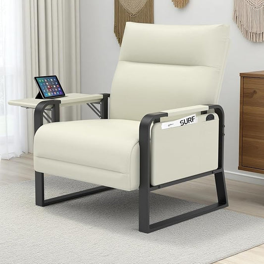 Upholstered Accent Chair, Modern Faux Leather Sofa Chair with Foldable Side Tray Table & Storage Pocket, Small Accent Sofa for Living Room, Bedroom, Reception Room, Beige