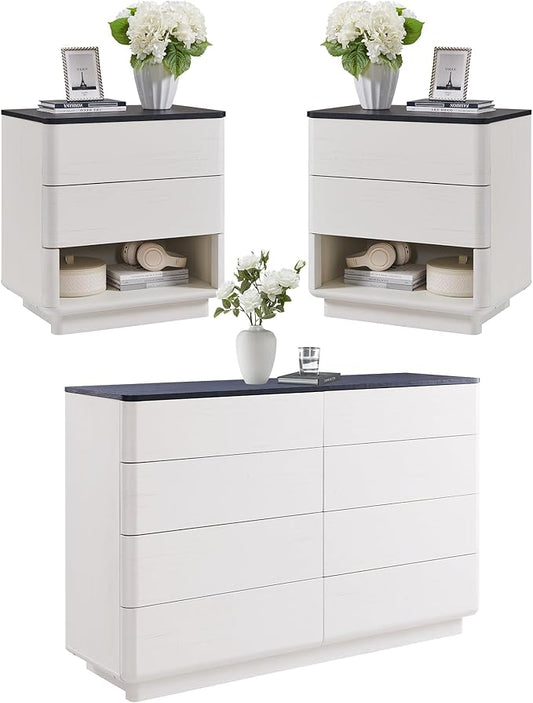 ACCOHOHO Modern Bedroom Set, 3 Pieces Bedroom Furniture Set, Wood 8 Drawer Dresser and Nightstands Set of 2, Chest of Drawers Wide Storage Organizer Cabinet for Bedroom, White