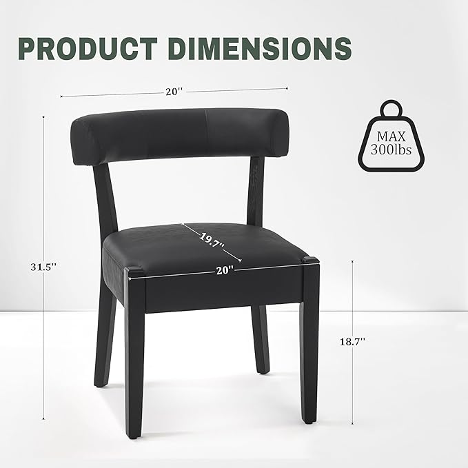 Modern Black Dining Chairs Set of 2, Faux Leather Upholstered Kitchen & Dining Room Chairs, Mid Century Modern Wooden Dining Chairs Oversized Sturdy Rounded Chairs Curved Back
