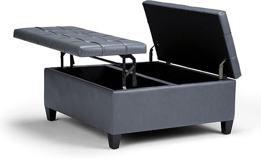 SIMPLIHOME Harrison 36 inch Wide Transitional Square Coffee Table Storage Ottoman in Stone Grey Vegan Faux Leather, Assembled, for the Living Room and Bedroom