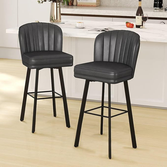 Swivel Counter Height Bar Stools Set of 2, 30'' Modern Barstools with Backs and Metal Legs, Upholstered Bar Chairs, Faux Leather Black Stools for Kitchen Island Chairs