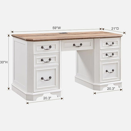 RedLemon 60" Executive Desk with Drawers,Wood Home Office Desk, Featuring Keyboard Tray,Charging Station,File Drawer, Storage Cabinet,for Work and Study (Antique White)
