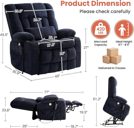 Power Lift Recliner Chair for Adults Oversized Infinite Position Lift Chair for Elderly W/Massage & Heat, Lay Flat Recliner Chair, One-Touch Reset, Cup Holders, Lumbar Pillow, Fabric (Premium, Navy)