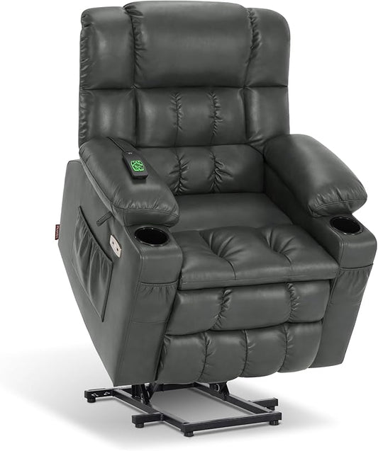 MCombo Dual Motor Small Power Lift Recliner Chair for Elderly, Lay Flat Lift Chair with Heat and Massage, Petite Lift Chair, Cup Holders, Faux Leather 7893 (Grey, Small)