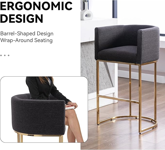 Contemporary Charcoal Linen Bar Stool, 32" Upholstered Fabric Counter Height Barstool Kitchen Counter Island Stool with Golden Metal Base