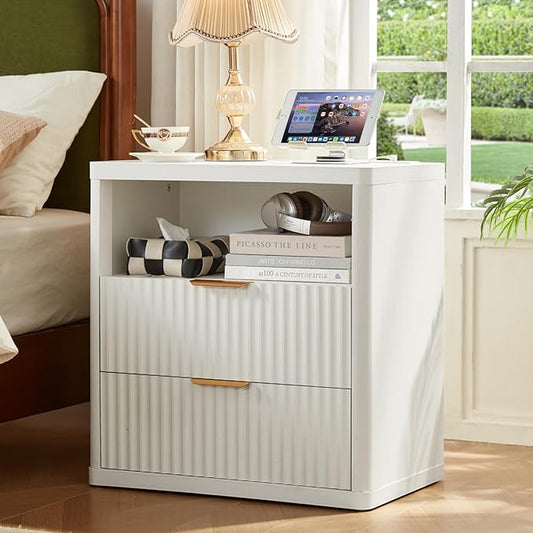 LEYAOYAO Fluted Nightstand with Charging Station, 23" Wide 2 Drawers End Table,White Night Stand with Open Storage Cabinet, Farmhouse Bed Side Tables, Wood Dresser for Bedroom, Living Room, Closet