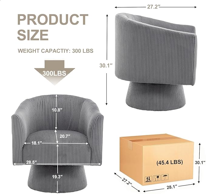 Swivel Accent Chair, Modern 360° Swivel Barrel Chair, Corduroy Upholstered Single Sofa for Living Room, Bedroom(Gray)