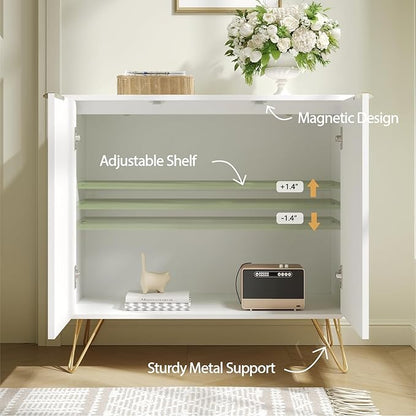 Fluted Storage Cabinet, Set of 3, Sideboard Buffet Cabinet, Modern Wood Accent Table with Adjustable Shelves, Console Table for Living Room, Hallway, Entryway, White