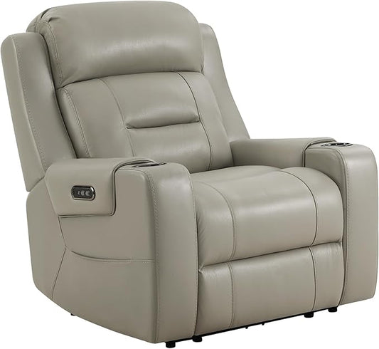 Watson & Whitely Oversized Genuine Leather Power Recliner Chairs for Big and Tall, Extra Wide Lay Flat Recliner with Power Headrest & Cup Holders, Electric Reclining Sofa for Living Room, Grey