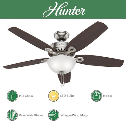 Hunter Fan 52 inch Traditional Brushed Nickel Ceiling Fan with Cased White Glass Light Kit, 5 Blade (Renewed)