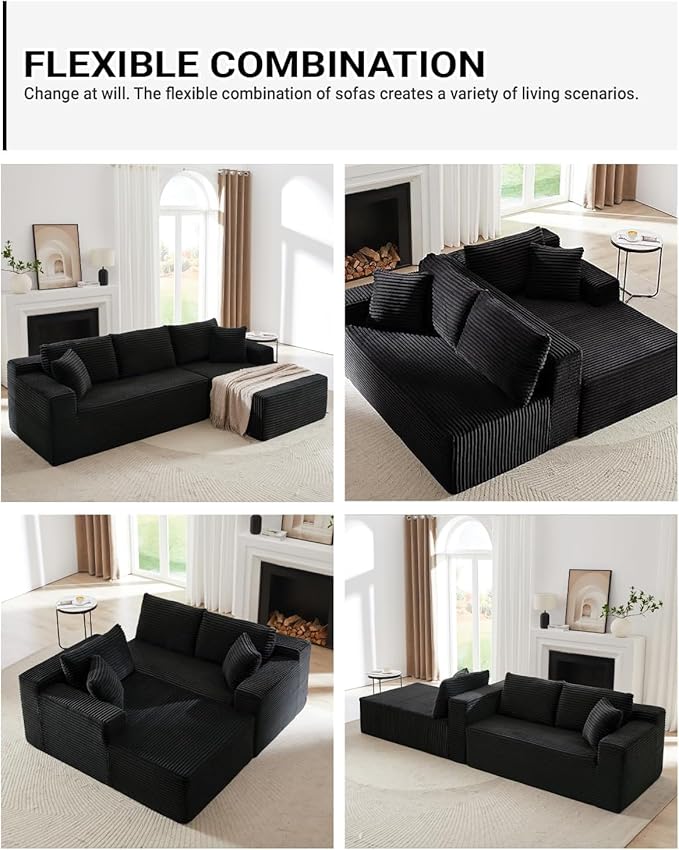 Cloud Sectional Couch, Corduroy Modular Sectional Sofa with L-Shape Chaise, Modern Boneless Couch Comfy Deep Seat for Living Room, Bedroom, Apartment, No Assembly (Black, Right Facing Chaise)