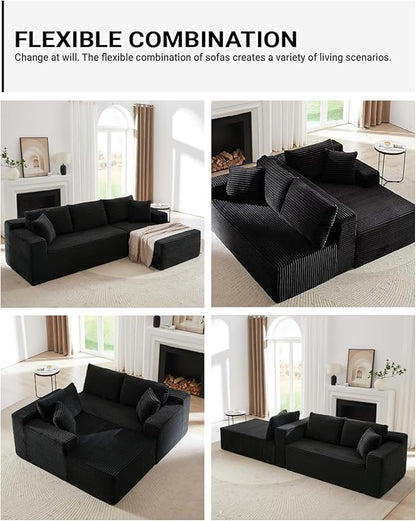 Cloud Sectional Couch, Corduroy Modular Sectional Sofa with L-Shape Chaise, Modern Boneless Couch Comfy Deep Seat for Living Room, Bedroom, Apartment, No Assembly (Black, Right Facing Chaise)