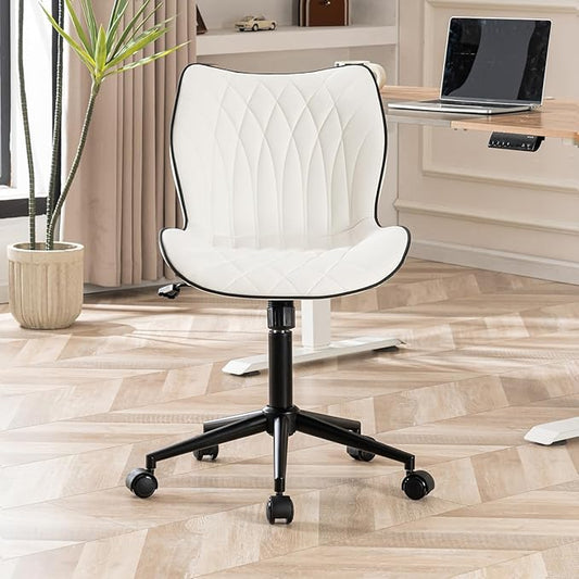 YOUNUOKE Armless Desk Chair Comfy Office Chair with Wheels Home Ergonomic Task Chair Adjustable Computer Chairs Modern Faux Leather Swivel Chair Upholstered Makeup Vanity Chair with Back(White)