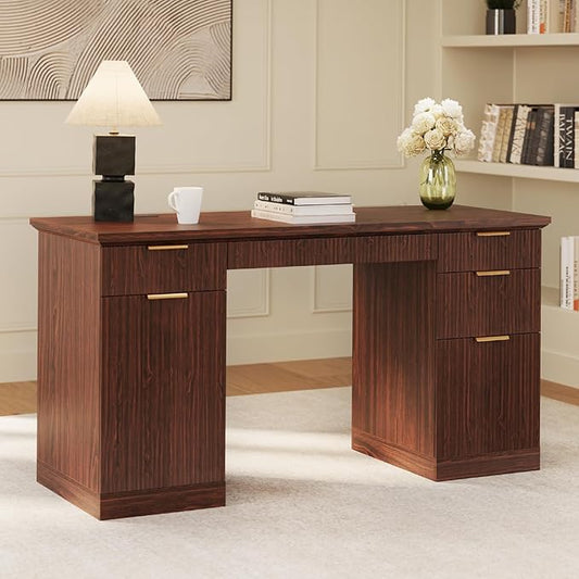 FURSUN 58" Fluted Modern Desk with Storage, Home Office Desk with 1 File Cabinet & 5 Drawers, Wood Executive Computer Writing Desk for Study, Living Room, Bedroom(Dark Walnut)