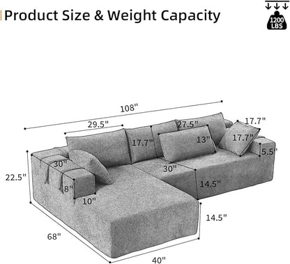 108" Modular Sectional Couch Sofa with L-Shape Chaise, Modern Cloud Comfy Sofa with Deep Seat, Upholstered Couches for Living Room Bedroom, No Assembly Required (Grey Left Facing Chaise)