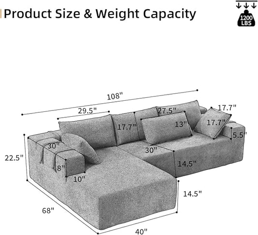 108" Modular Sectional Couch Sofa with L-Shape Chaise, Modern Cloud Comfy Sofa with Deep Seat, Upholstered Couches for Living Room Bedroom, No Assembly Required (Grey Right Facing Chaise)