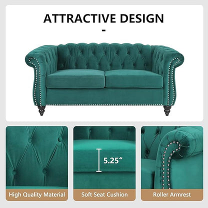 Living Room Velvet Sofa and Loveseat set, Mid Century Modern Upholstered Couch with Cushions, 2-Piece Home Sofa Furniture Sets, Comfy Tufted Chesterfield Couches for Living Room, Bedroom, Office