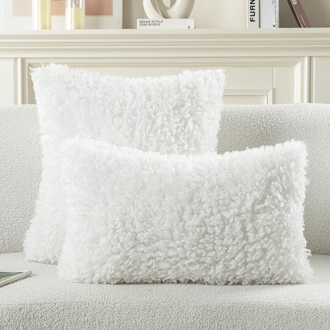 FUTEI Cream White Decorative Throw Pillow Covers 22x22 Inch Set of 2,Soft Fluffy Faux Wool Fur Boucle Textured Cushion Case,Modern Home Decor for Couch Bed Living Room Office