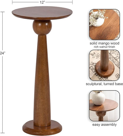 Kate and Laurel Jakob Modern Wooden Round Side Table, 12 x 24, Walnut Brown, Circle Pedestal Table for Use as Bedroom Nightstand, Indoor Plant Stand, or Decorative Living Room Table