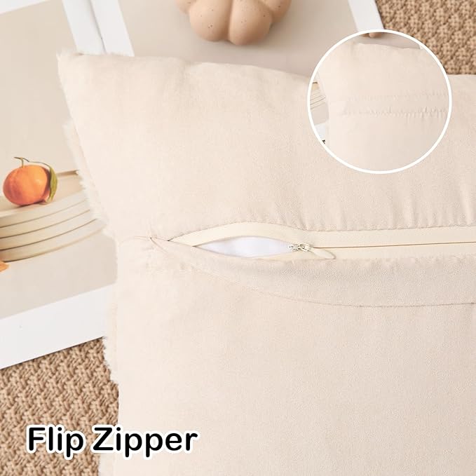 Kevin Textile Fall Pillow Covers 16x16 Inch Set of 2 Soft Pumpkins Decorative Square Pillowcases Plush Autumn Faux Fur Cushions Harvest Gift for Couch Sofa Chair Bedroom Home Decor, Beige